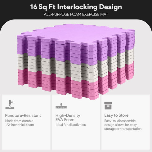16-Pack 12x12 Inches 0.4-Inch 16 BalanceFrom EVA Interlocking Foam Play Tile Mat, Pink/Purple/Beige Thick Non-Slip