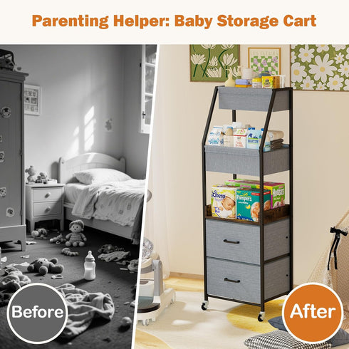 Lurgno 5 Baby Diaper Caddy Organizer and Storage - Tier Rolling Cart with Dividers and Drawers, Mobile Utility Cart