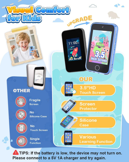 3.5" 3 4 5 6 7 8 9 3-9 Kids Smart Phone, Touchscreen Kids Phone Toys for Year Old Boy, No WiFi Educational Toddler