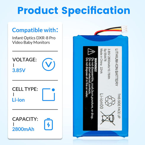 Replacement for Infant Optics DXR-8 Pro Battery Sp 554478 3.85V 2800mAh Lithium Ion Battery (Not Compatible with DXR-8 Baby Monitor)
