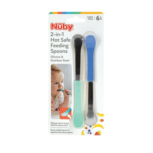 Nuby 2-in-1 Hot Safe Feeding Spoons, 2-Pack for Babies 6+ Months (Blue and Aqua)