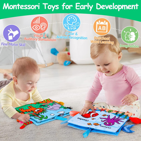 2 PCS Soft Cloth Baby Books for 0-6 Months, High Contrast Sensory Toys for 6 to 12 Months, Crinkle Touch Feel