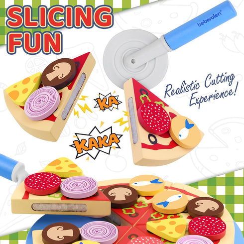 Wooden Pizza Toys for Kids, 24Pcs Cutting Toy Pizza Play Food Set, Pretend Play Kitchen Accessories Wood Cooking Toys for 3 4 5 Year Old Toddlers Boys Girls
