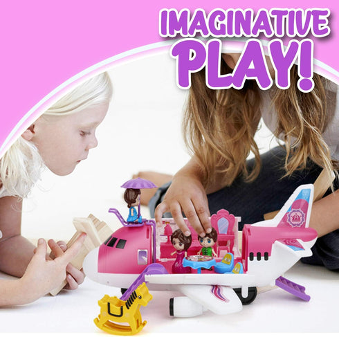 Playset Pink Airplane Toy Private Jet Transport Cargo Vehicle - Big Large Aircraft Plane with Figures and Beauty