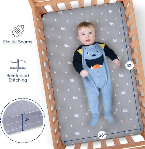 (3 Pack) 52 28 9 Set Fitted Unisex Crib Sheets by GROW WILD - Jersey Knit Cotton Crib Sheets for Boys or Girls, x x
