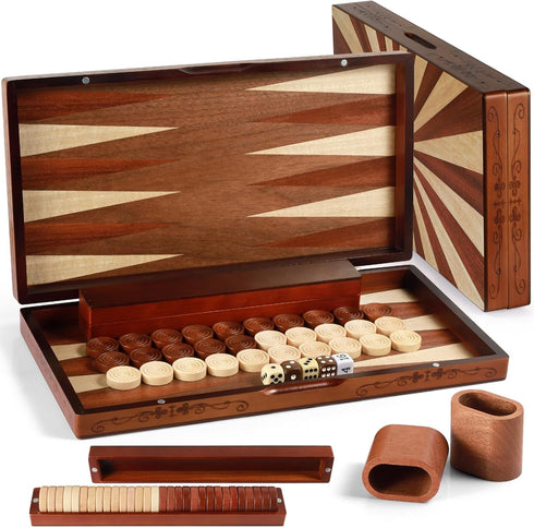 Syrace Handcrafted Wooden Backgammon Set - 16" Large Board Game with Oversized Pieces