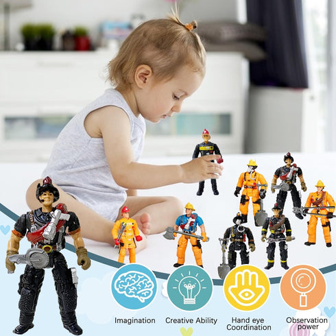 8 Playset Pieces Firefighter Action Figures Fireman Figurines Toys with Tools for Party Decoration People Figures