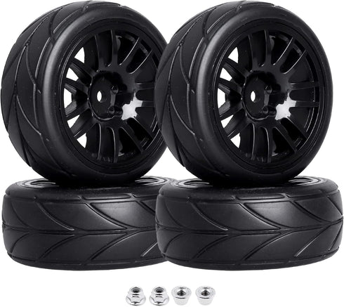 4-Pack 1:10 Scale RC On-Road Racing Tires and Wheels with Foam Inserts, 12mm Hex Hub Fits Traxxas Redcat Tamiya TT-02
