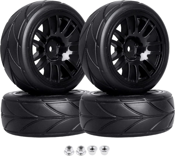 4-Pack 1:10 Scale RC On-Road Racing Tires and Wheels with Foam Inserts, 12mm Hex Hub Fits Traxxas Redcat Tamiya TT-02