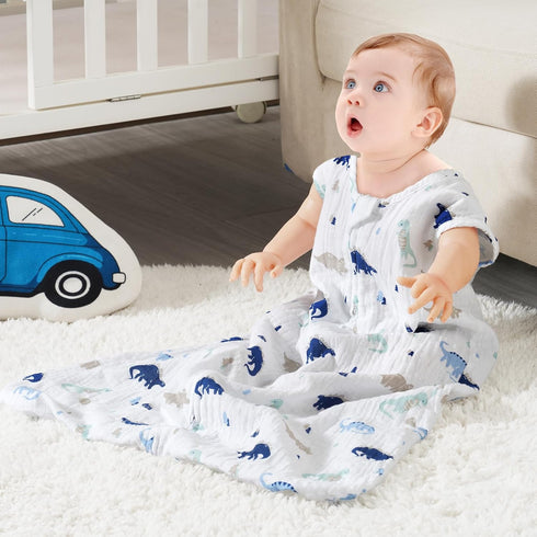 david's kids Muslin Cotton Baby Sleep Sack 6-12 Months, 2 Pack 100% Cotton Sleeping Bag for Summer, TOG 0.5 Baby Wearable Blankets with 2-Way Zipper, Soft Sleep Sacks for Newborn Infant, Dinosaur by david's kids