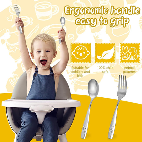 HANSGO 12PCS Children Safe Forks and Spoons, Stainless Steel Toddler Utensils Set with Bunny and Puppy Motifs