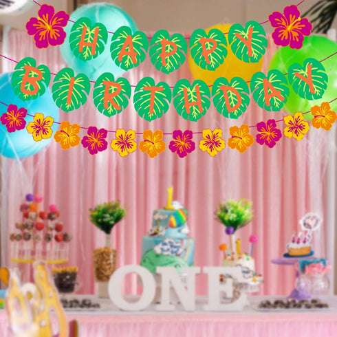 Hawaiian Party Happy Birthday Banner for Tropical Luau Party Decorations with Palm Leaf