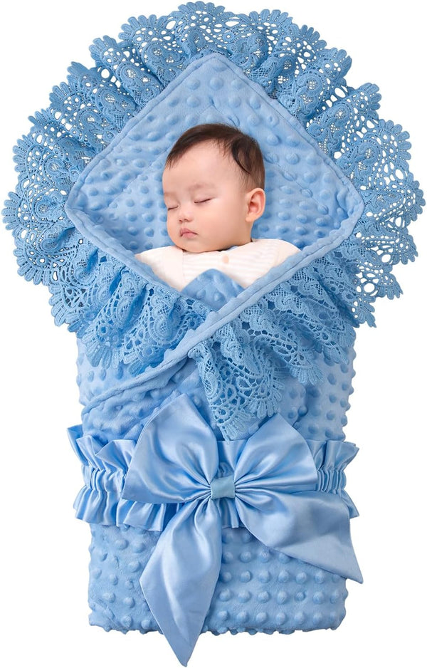Soft Knitted Blue Newborn Swaddle Blanket with Lace Trim and Bow, Baby