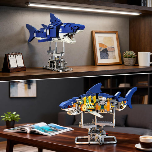 Set 687 12+ INSOON Mechanical Shark Building with LED Light, PCS Movable Ocean Animal with Display Stand, Sea Fish