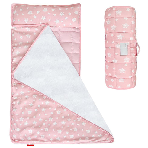 Moonsea Toddler Nap Mat Pink with Pillow and Fleece Minky Blanket, Lightweight Sleeping Bag for Kids