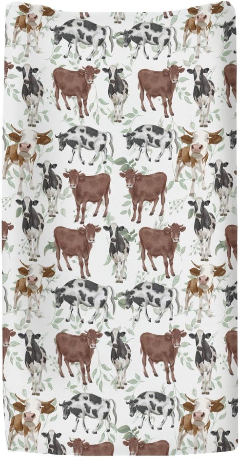 ZoUbqchY 32''16'' Watercolor Cows Green Leaves Baby Changing Pad Covers for Boys Girls Cow Yak Cattle Farm Animal
