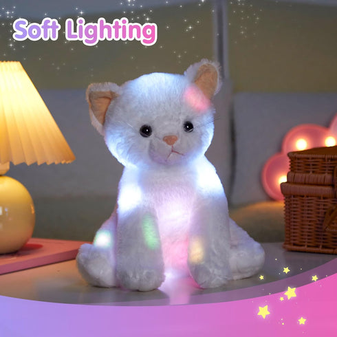 Houwsbaby LED Glowing Kitty Plush Toy - Light Up Cat Stuffed Animal, Night Lights Birthday Present for Kids, White, 12''