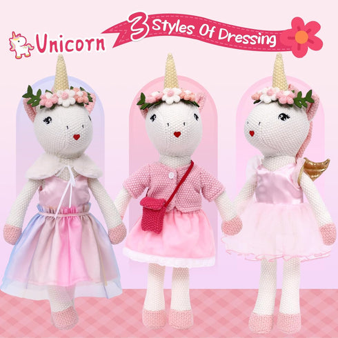 Unicorn Doll Stuffed Animal Toys for Girls, Ballerina Doll with Plush Carrier Bag, 3 Set Accessories