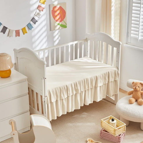 Set 3 Mini Crib Bedding Pieces Baby Boho Quilted Tufted Ruffles Comforter with Fitted Sheet and Ruffled Bed Skirt