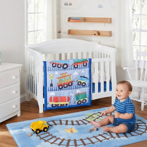 4 Set Set Set EVERYDAY KIDS Piece Boys Crib Bedding - Choo Choo Train - Includes Quilt, Fitted Sheet, Dust Ruffle