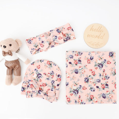 BQUBO Baby Girl Newborn Receiving Blanket with Bow Hat Headband, Wooden Birth Announcement Card Set