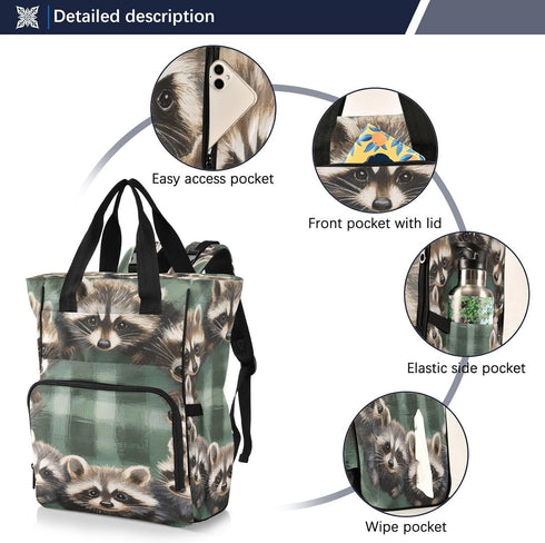YANENDIE Backpack, Backpack Backpack Cute Raccoons Diaper Bag Unisex Travel Baby Diaper Bags with Stroller Straps