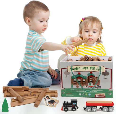 Wondertoys 208 Pcs Classic Wooden Log Set, Real Wood Building Logs for Ages 3+, Retro Gift Set for Boys