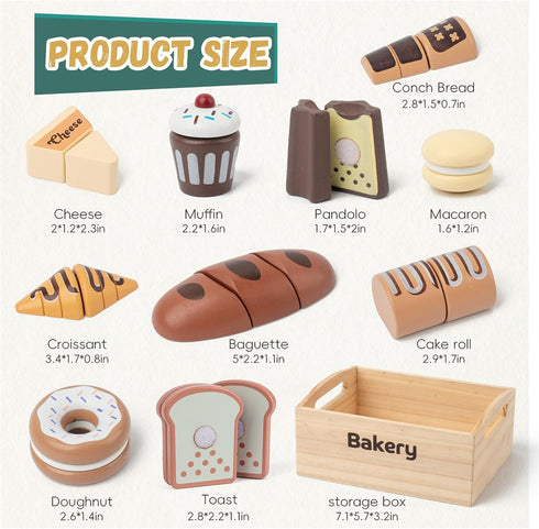 10 Set 3+ PCS Bakery Wooden Play Food for Kids Kitchen, Wooden Food Cutting Toys, Pretend Play Kitchen Food Toy