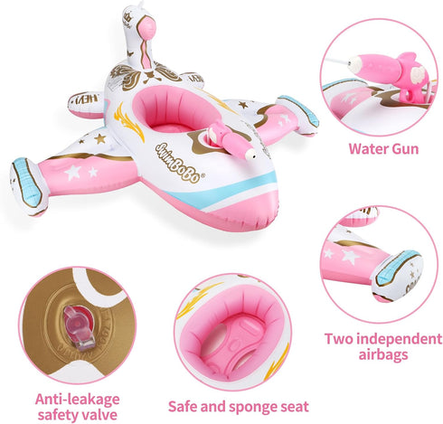 Inflatable Toddler Pool Float Boat - Pink Airplane Design with Water Gun