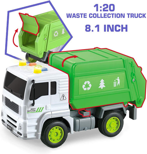 5 Pack Friction Powered Truck Toy Set (8 Inch), Including Garbage Truck, Construction Truck, Fire Truck, Police Car