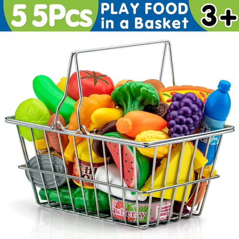 55 Set 1-3 4-8, Pcs Grocery Store Pretend Play Food with Shopping Basket for Kids Toddlers Kids Play Kitchen