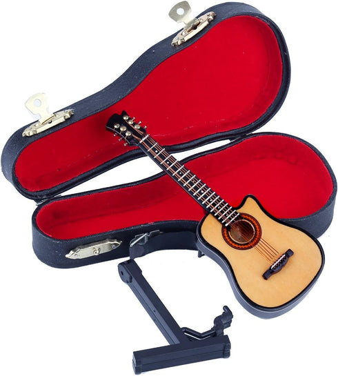 Dselvgvu Wooden Miniature Guitar with Stand and Case, Collectible Musical Instrument Replica