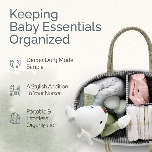 KiddyCare Woven Diaper Caddy Organizer, Large Gray Multi Functional Portable Baby Basket with Handle, Baby Gift