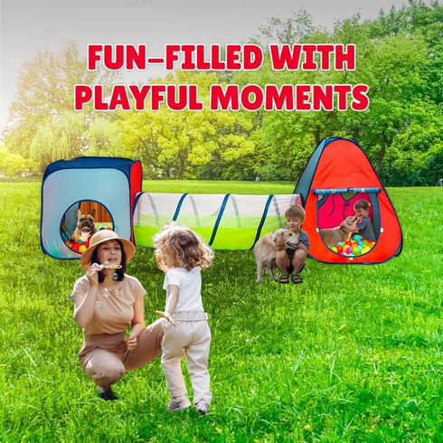 Kiddey Tunnel and Ball Pit Play Tent, 3pc Pop Up Toddler Gym Tunnels with Tents for Kids, Indoor Outdoor Gift