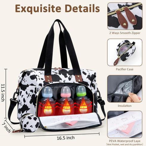 Diaper Bag Tote with Pacifier Case, Large Hospital Tote Bag for Women with Shoulder Straps, Cow Print