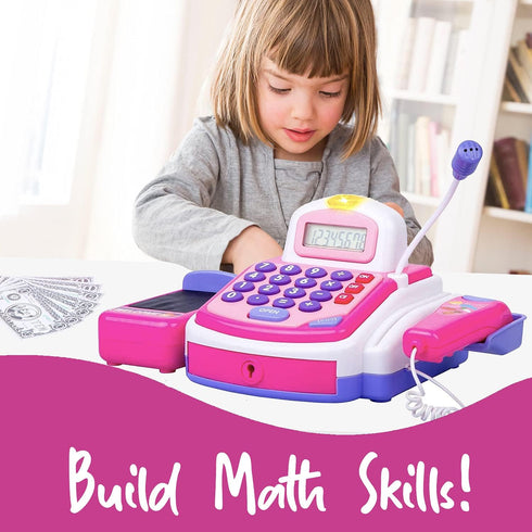 Pretend Play Pink Cash Register Toy - Learn & Play Shopping Kids Toys with Electronic Mic, Scanner, Calculator, Play