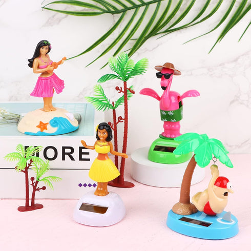 4 Pack Hawaii Girl Solar Powered Dancing Toys, Flapping Wings Flamingo Car Shaking Head Dancer Doll