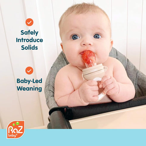 Solids/Frozen 6M+, 2-Pack RaZbaby Baby Fruit Feeder Pacifier, Infant Teether Toy BPA-Free, Safely Introduce Solids