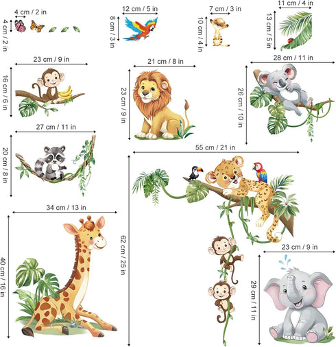 decalmile Safari Animals Tree Branch Wall Stickers Jungle Animals Giraffe Elephant Leopard Tropical Leaves Wall Decals