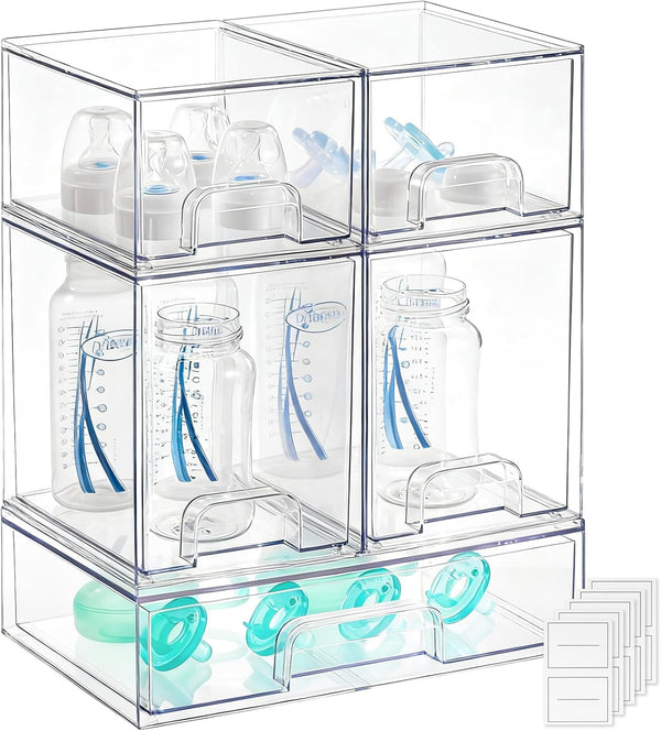 Rolheit Baby Bottle Organizer - 5 Pack Stackable Clear Drawers with Labels, Baby