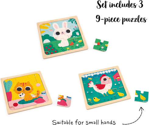 Janod 3x 9-Piece Wooden Puzzles - Hen, Cat & Rabbit Educational Toy for Children 18 Months+, J07113, Multicolor