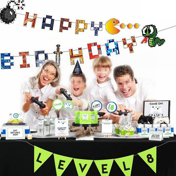80's Pixel Video Game Themed Happy Birthday Banner, 8-bit Retro Pixel Level Up Party Supplies