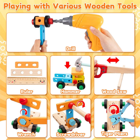 59Pcs Set 2 3 4 5 6 Kids Tool Toy for Boys - Montessori STEM Wooden Play Tool Box Kit with Electric Drill with Types
