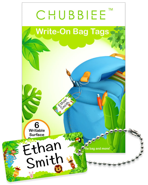 Child ID Bag Tags, Write-On Kids Name Tags for Backpack, Lunchbox & Diaper Bag, Pack of 6 (Green Forest)