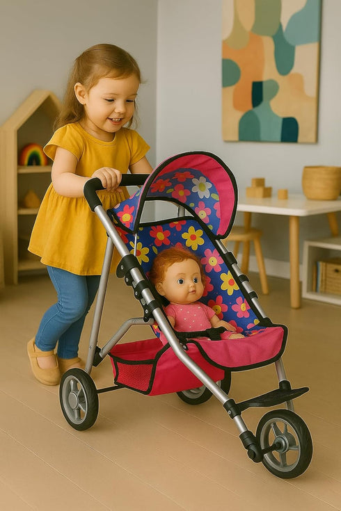 fash n kolor Baby Doll Stroller Gift for Kids, Toy Doll Stroller with Adjustable Canopy & Storage Basket Push Pram Baby