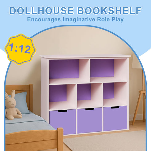 1:12 Scale Dollhouse Bookshelf, Elegant Doll House Book Shelf with Functional Storage, Perfect Doll House Accessories