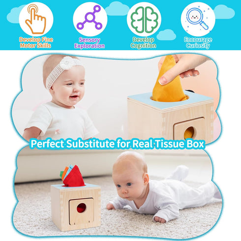 FCSONU Kids Toddler Montessori Toys, Wooden Baby Tissue Box Toy for Educational Learning with Cloth Tissues
