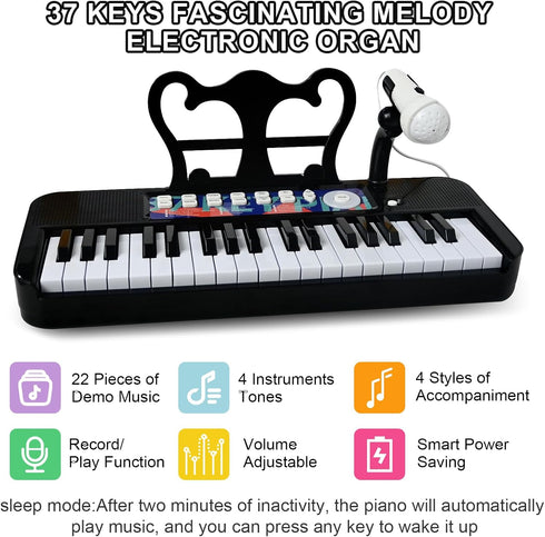 Love&Mini Piano Toy for Kids - 37 Keys Kids Piano Keyboard with Stool and Microphone, Black