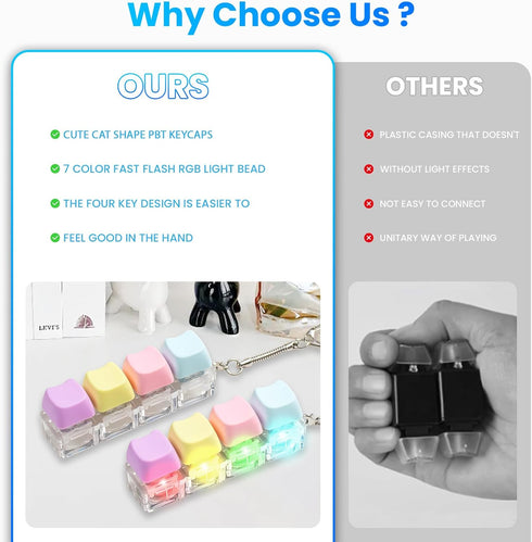 Hunfuthr 2 4-in-1 Pcs Keyboard Fidget Toy for Adult, Cute Cat Clicker Keyboard Fidget Keychain with LED Lights