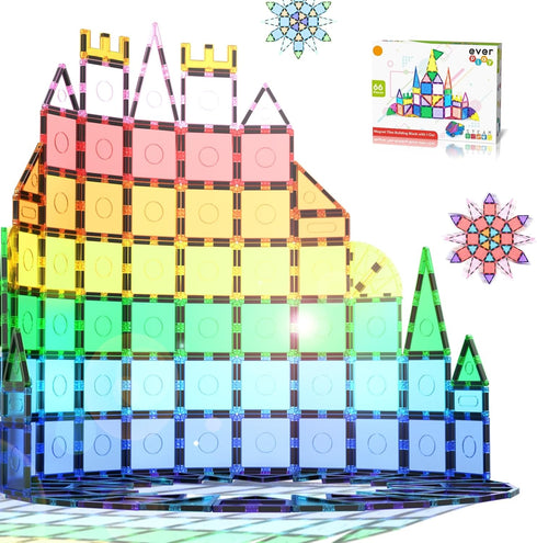 Everplay 66 pc Magnetic Tiles with Multicolored Car Set, Building Blocks Toys, STEM Educational Learning Magnet Toy for